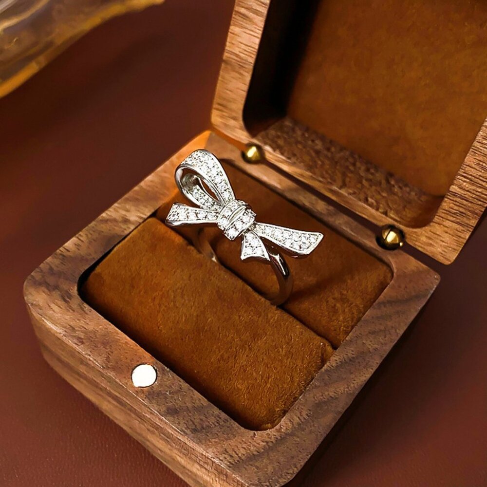 Bow Open Ring Silver Tone Adjustable Ring Rhinestone Bow Ring Cute Dainty Aesthe
